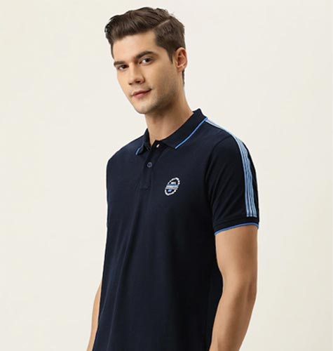 Men Navy Blue Brand Logo Printed Polo Collar Slim Fit Pure Cotton T-shirt
